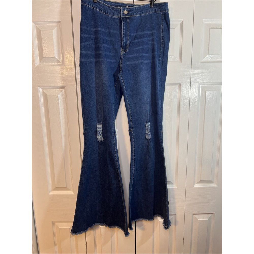 Grace & Emma Womens 10 Flare High Rise Dark Wash Denim PANTS Bell Distressed NWT